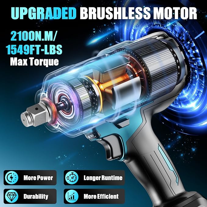 3/4" Cordless Impact Wrench, 1549Ft-lbs(2100N.m) Brushless Impact Gun, 2x6.0Ah Batteries, Max 5100RPM with Reverse Auto-Stop & LED Light for Car Truck Lug Nuts, Auto Repair, Industrial & DIY