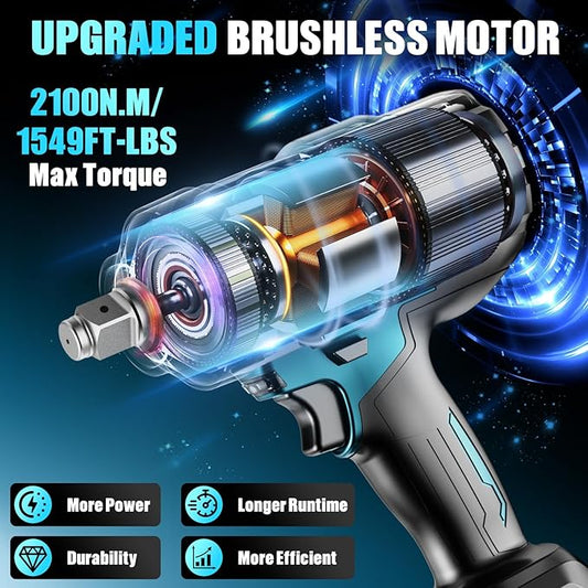 3/4" Cordless Impact Wrench, 1549Ft-lbs(2100N.m) Brushless Impact Gun, 2x6.0Ah Batteries, Max 5100RPM with Reverse Auto-Stop & LED Light for Car Truck Lug Nuts, Auto Repair, Industrial & DIY