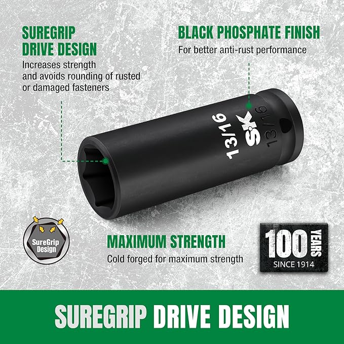 SK 1/2" Drive Impact Socket Set, Deep SAE Sockets, 13-Piece 7/16" to 1-1/4", Premium CR-MO Steel, SureGrip 6 Point Design, With Storage Case