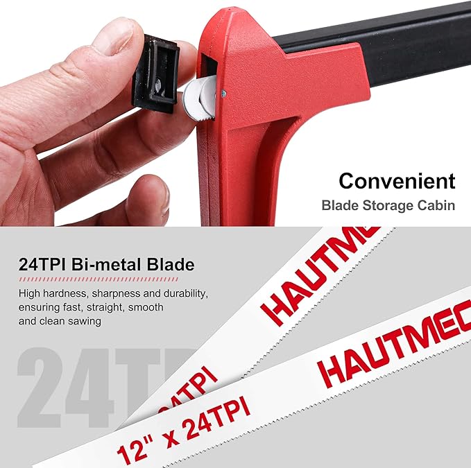 HAUTMEC 12-Inch Adjustable Tension Hacksaw with Blade Storage, 45°/90° Cutting Angles, High Tension Steel Frame & 24 TPI Bi-Metal Blade for Metal, PVC, Wood – HT0015