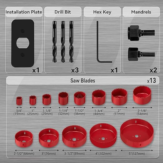 KATA Hole Saw Set, 20 Pieces Hole Saw Kit with 3/4"-6"(19-152mm) 13PCS Saw Blades, 2 Mandrels, 3 Drill Bits, 1 Installation Plate, 1 Hex Key with Case, Ideal for Soft Wood, PVC, Plywood, Drywall, Red
