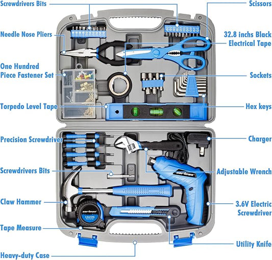 CARTMAN 149 Piece Tool Set General Household Hand Tool Kit with Cordless Screwdriver Blue