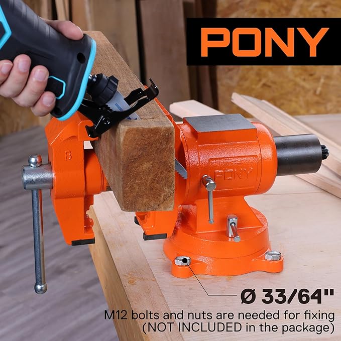 PONY Heavy Duty Bench Vise, 5-inch Jaw Width and Opening, 360-Degree Swivel Base With Anvil, Utility Combination Pipe Home Vise for Woodworking, One-Pair Vise Jaw Pad Included