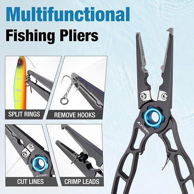 FLISSA 7.5 Inch Lightweight Fishing Pliers, Titanium 6Al-4V Jaw and Tungsten Carbide Line Cutters, Safety Lock Fish Pliers with Aluminum Handle, Sheath & Lanyard, Fishing Gear Gifts for Men