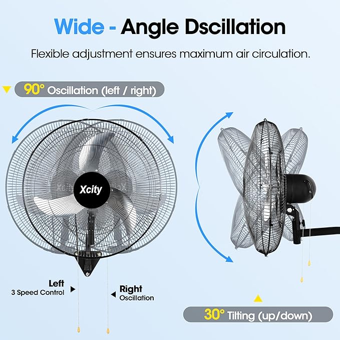 Xcity 20 Inch Metal Oscillating Wall Mount Fan,Max 5500 CFM High Velocity Industrial Wall Fan & Adjustable tilt for Garage, Shop, Warehouse, Factory, homes