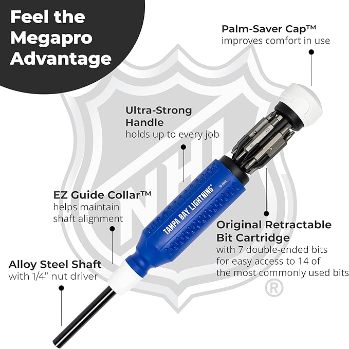 MEGAPRO짰 NHL짰 Team Edition Multi-bit Screwdriver | Officially Licensed NHL짰 Gear | Durable, Ergonomic, Pro-Grade Screwdriver (Tampa Bay Lightning짰)