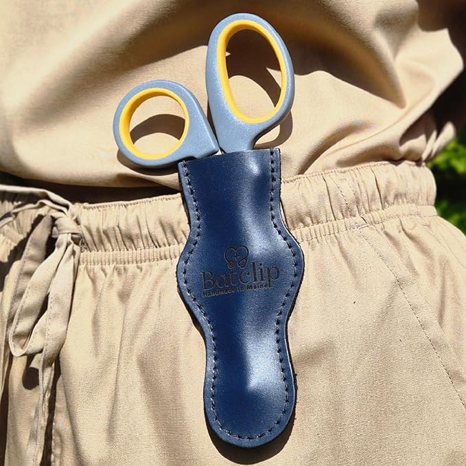 Custom Personalized BATCLIP SHEARS ??Handmade Leather EMT Shears Holster | Custom Engraved | Belt or Vest Clip | Left or Right-Handed | Titanium Shears Included | Made in Maine (Navy Blue)