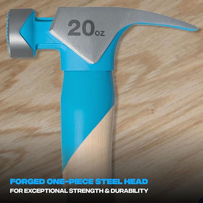 OX Tools Pro 20oz Curved Hickory Handle Hammer with TPR Rubber Hands Grip Hickory Framing Magnetic Nail Starter Curved Axe Handle Milled Face Craftsman Hammer Nail Puller Carpenter Tool OX-P087220