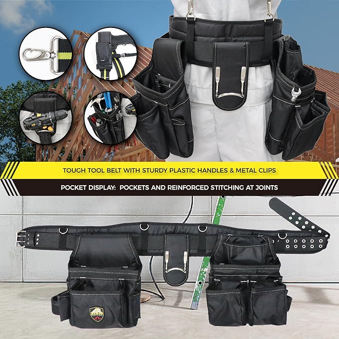 ZAKCO Professional 1680D Polyester Tool Belt with Suspender, Strudy Tool Belt for Carpenters, Framers, Electricians, Plumbers, Hanyman & DIY (Black, Full Size)
