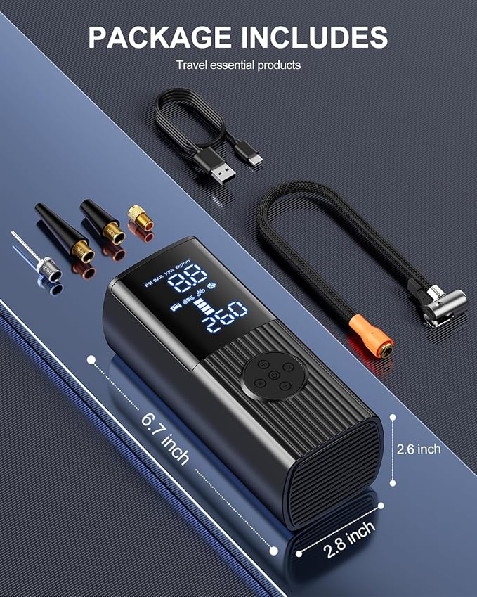 Tire Inflator Portable Air Compressor, 180PSI Cordless Air Pump with Digital Gauge, LED Light and Auto Shut-Off Function, 3X Faster Air Compressor for Car, Motorcycle, Bicycle, Ball