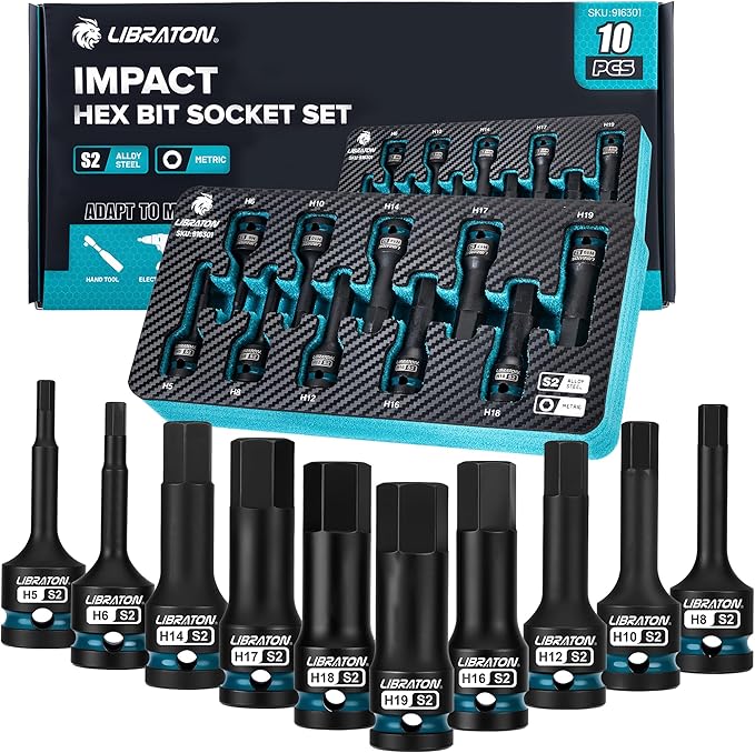 LIBRATON Impact Hex Bit Socket Set, 1/2" Dr, S2 Steel, 10PCS High Torque Sockets(Metric H5-H19) for Professional Mechanics & Automotive Repair (XPE Storage Case)