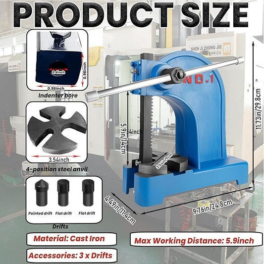 1 Ton Manual Arbor Press with 3 Drift, 5.9" Maximum Height Cast Iron Hand Press, Manual Desktop Arbor Press, Bench Press for Punching Bearings Leather Guitar fret pressing (Blue, 1 TON)