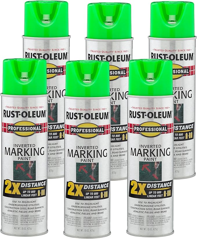 Rust-Oleum 266574-6PK Professional 2X Distance Inverted Marking Spray Paint, Fluorescent Green, 15 Ounce (Pack of 6)