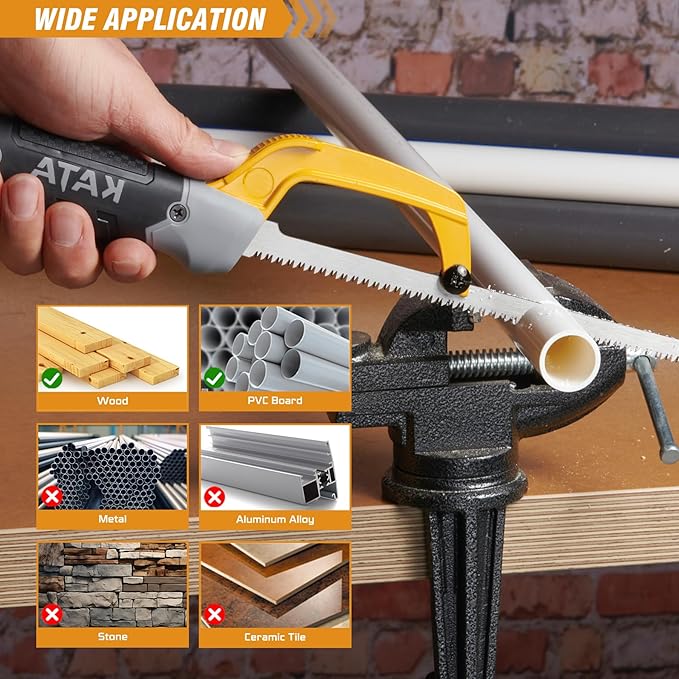 KATA Mini Hacksaw for Metal Cutting, Compact Hand Hack Saw Tool with 10 Inch Aluminum Frame, 2PC Extra Flexible M2+D6A HSS Blades and 1PC Woodworking Saw Blade, Cuts Thin-Wall Metal in Tight Spaces