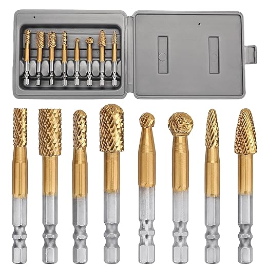 8Pcs Carbide Burr Set (1/4" & 3/8" Diameter) with 1/4 inch Hex Shank,Double Cut Tungsten Carbide Rotary Burr Set for DIY Grinder Metal Wood Carving Engraving Polishing Drilling Grinding Milling