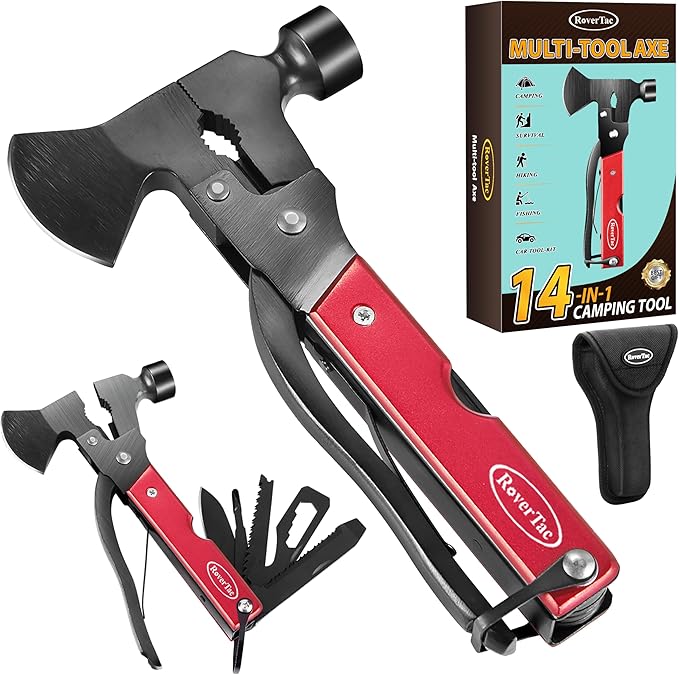 RoverTac 14-in-1 Multitool Camping Axe Hatchet ??Essential Camping Gear with Knife, Hammer, Saw, Bottle Opener, Screwdriver ??Multi Tool with Sheath ??Gifts for Men, Dad, and Outdoor Adventures
