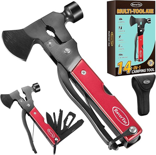 RoverTac 14-in-1 Multitool Camping Axe Hatchet ??Essential Camping Gear with Knife, Hammer, Saw, Bottle Opener, Screwdriver ??Multi Tool with Sheath ??Gifts for Men, Dad, and Outdoor Adventures