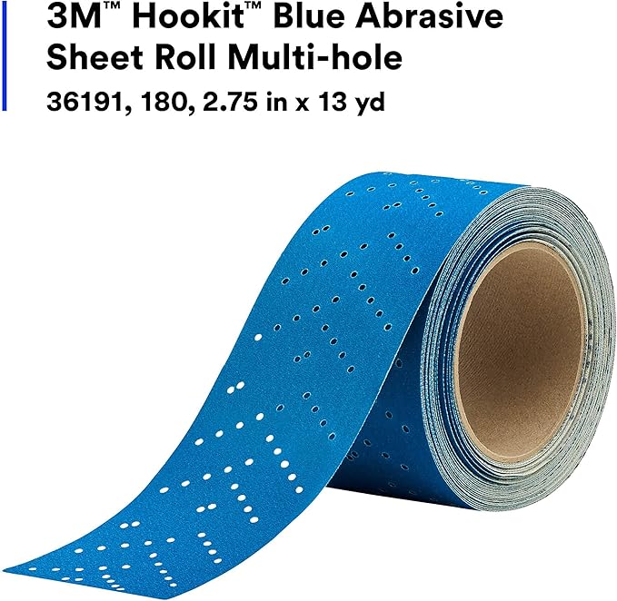 3M Hookit Blue Abrasive Sheet Roll, 36191, Multi-Hole, 2.75 in x 13 yd, 180+ Grade, Automotive Sanding Roll Sandpaper for Coating Removal, Body Repair, Auto Sanding