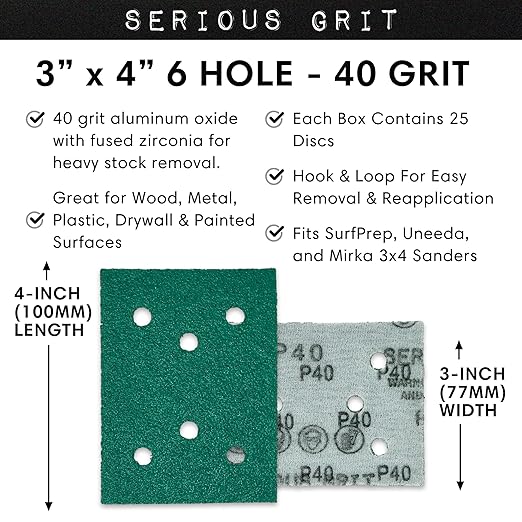 Serious Grit - 3" x 4" 6-Hole 40 Grit Sanding Sheets - Fits Surfprep, Uneeda Ekasand, Mirka DEOS 343 - Heavy-Duty Hook & Loop Film Abrasive Pads - Sandpaper for 3x4 Sheet Sanders - 25 Pack Box