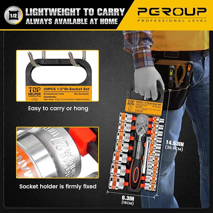 20 PCS 1/2" Drive Metric Socket Wrench Set,1/2 Reversible Ratchet Handle竊? Point Shallow Sockets (8-32mm) and Extension Bar 5", CR-V Steel, Car Repair Set