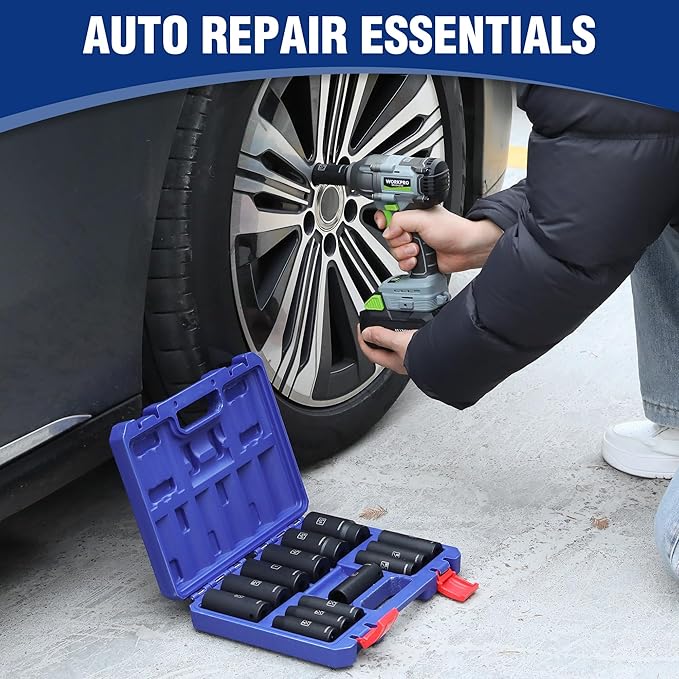 WORKPRO 14-Piece 1/2竊?Drive Deep Impact Socket Set, 6-Point Impact Deep Socket Set with Heavy Duty Storage Case for Automotive and Mechanical Repairs, 3/8"-1-1/4", Cr-V Steel, SAE