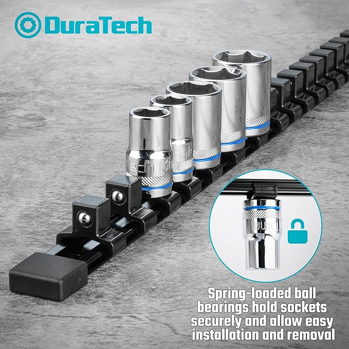 DURATECH Socket Organizer Set, 3-Piece Aluminum Alloy Socket Holder, Heavy Duty Socket Rail, 1/4" x 24 Clips, 3/8" x 18 Clips, 1/2" x 16 Clips
