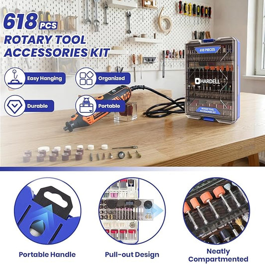 HARDELL 618PCS Rotary Tool Accessories, Rotary Tool Attachment with 1/8" Diameter Shanks, Fits Dremel Rotary Tools, Universal Bits for Sanding, Cutting, Polishing, Grinding, Drilling, Engraving