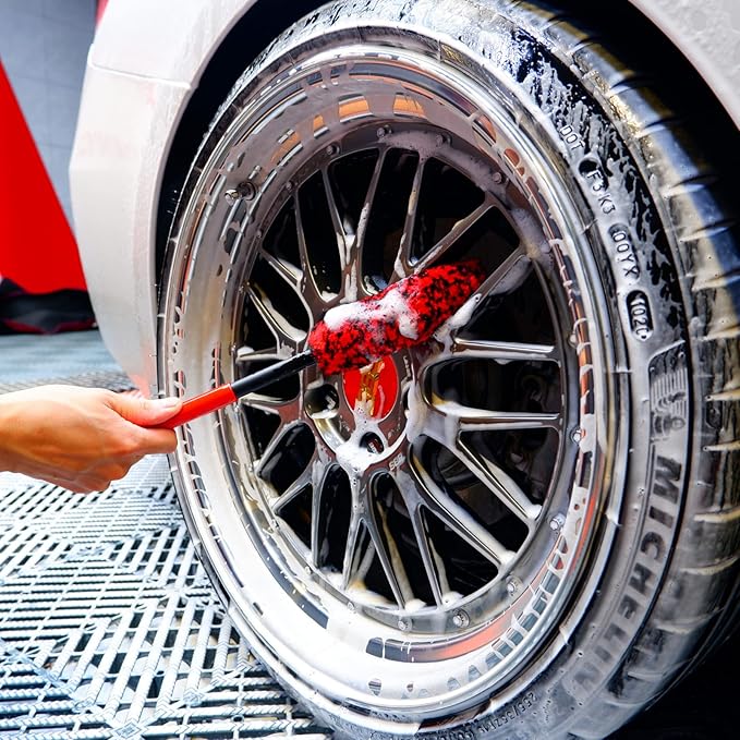 Professional 4 Pack Long Handle Wheel Brush Kit for Cleaning Wheel and Tire- 2X Soft Wheel Cleaning Brush, Detailing Brush and Stiff Tire Brush, Bendable& Durable Wheel Rim Cleaner Brush Set