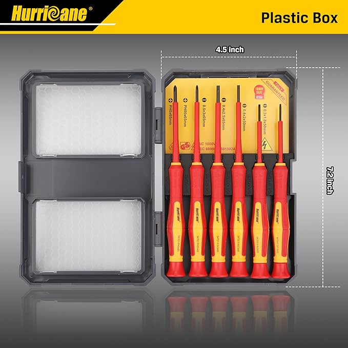 HURRICANE 1000V Insulated Screwdriver Set, 6 Piece Precision Electrician Screwdriver Set with Magnetic Tips for Electrical Repairs (Slotted 1.8/2.0/2.5/3.0mm, Phillips PH00/PH0) with Storage Case