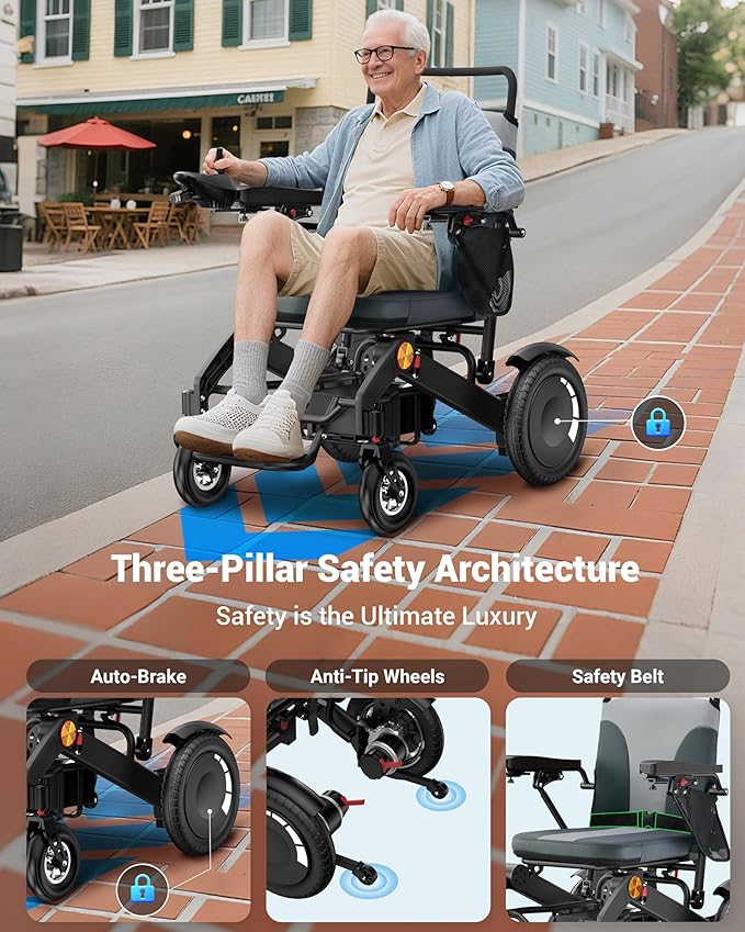 Goldseason 30 Mi Foldable Electric Wheelchairs for Adults & Seniors, Lightweight All-Terrain Travel Power Wheelchair with Leather Seat, Support 400 lbs, 500W Portable Motorized Wheelchair, Silver