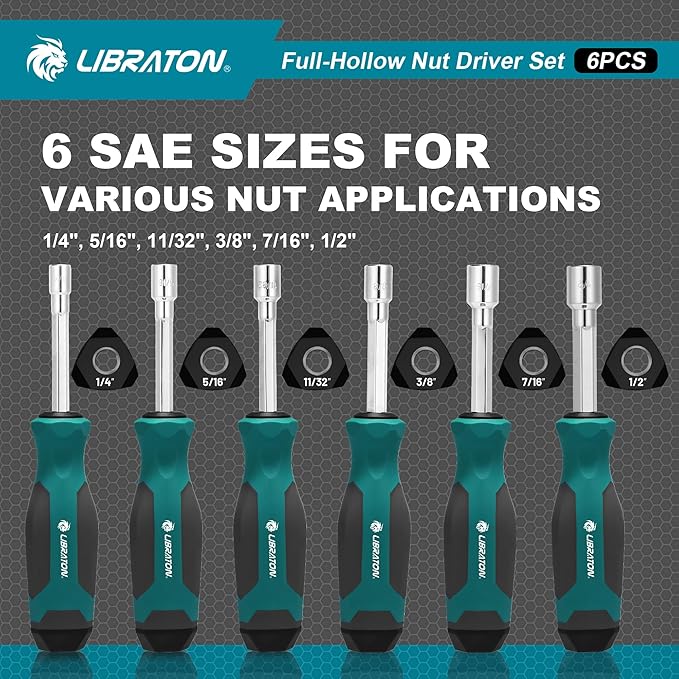 LIBRATON Full-Hollow Nut Driver Set SAE, 12-Point Magnetic Nut Drivers, Hollow Shaft for Long Bolts, 6PCS Heavy Duty Magnetic Nut Drivers with Through-Handle, 1/4, 5/16, 11/32, 3/8, 7/16, 1/2Inch