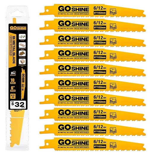 10 Pack 6 Inch 6/12TPI Reciprocating Saw Blades,Stud and Nail Saw Blades, 6" High Strength Bi-Metal Saw Saw Blades Wood and Nail-Embedded Wood, Metal,PVC, Pallets etc,with Storage Box