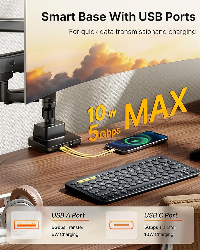 monTEK Sleek Aluminum Monitor Arm for 17??7??Ultrawide Screens up to 59.4 lbs, USB 3.0 A/C, Heavy Duty Dual Monitor Arm Desk Mount, Pneumatic Lift, Quick-Release Plate, Clamp/Grommet, Max VESA 100x100