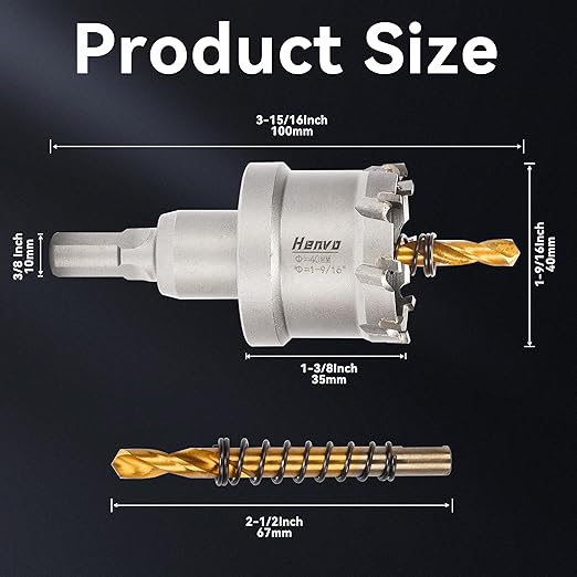 Hole Saw 1-9/16" (40mm) Heavy Duty Carbide with 2 Pilot Drill Bits - Metal Hole Cutter Cuts Stainless Steel, Iron, Copper, Brass, Plastic