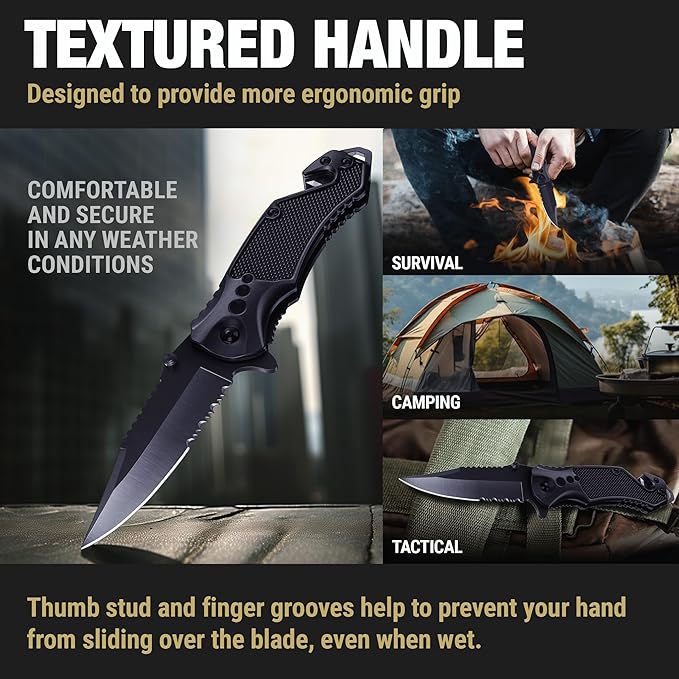 GOOD WORKER Legal Pocket Knife with 2.95??Serrated Blade, Glass Breaker, Seat Belt Cutter - EDC Sharp Folding Knives with Portable Clip - Small Tool for Tactical Camping Survival Hiking - Gifts for Men, Women