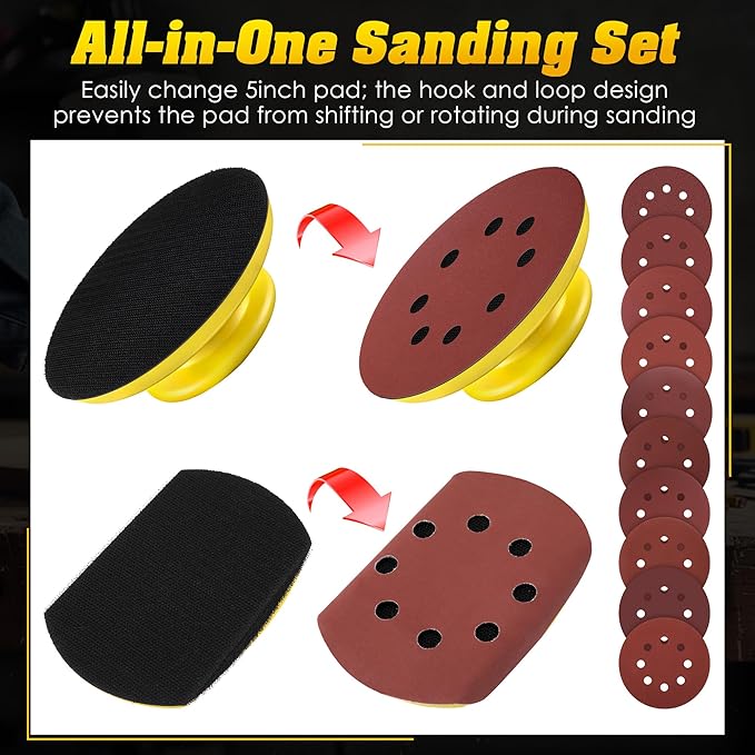 Huwena 5 Inch Hook and Loop Sanding Block Set, 2 Pcs Round and Mouse Sanding Block with 50 Pcs Different Grit Discs Sandpapers, Sand Paper for Wood Furniture Restoration Home Arts and Crafts
