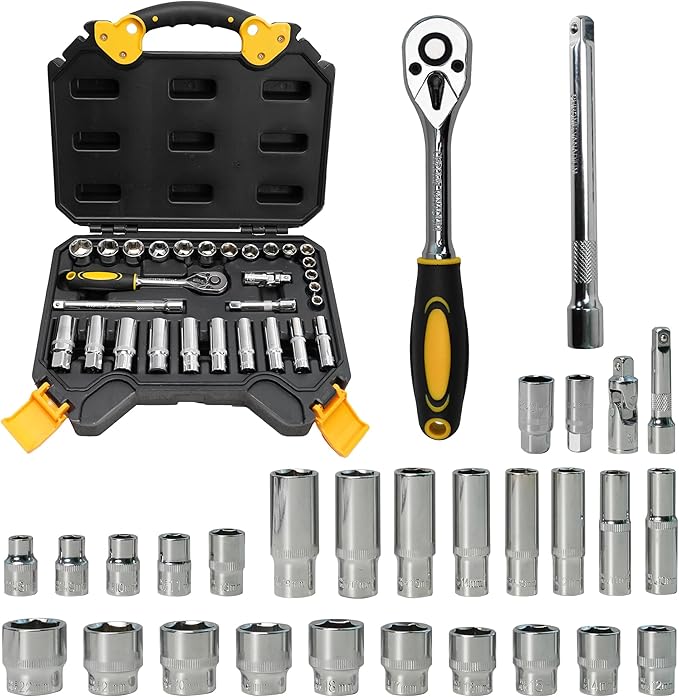 3/8" Drive Impact Small Socket Set, 30PCS Metric Deep/Shallow Socket Set, with Storage Box, Mechanics Tool Kit for Garage, Car, Motorcycle & Bicycle Repair, Extension Bar, Universal Joint