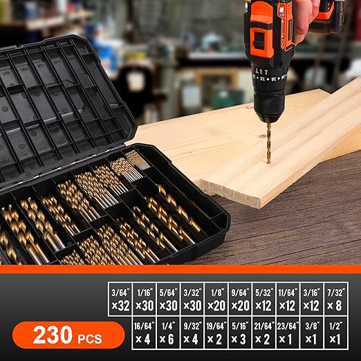 COMOWARE 230 Pcs Titanium Coated Drill Bit Set for Wood, Metal, Plastic & Aluminum Alloy - 3/64" to 1/2" with Storage Case