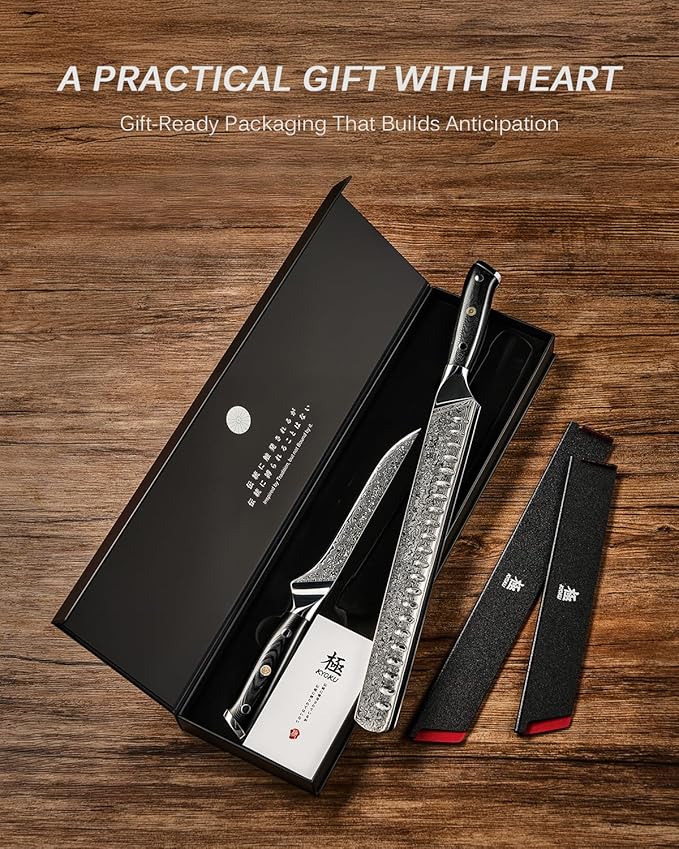 KYOKU Knife Set, Shogun Gin Series 2pc Japanese Style Kitchen Knife Set for Cooking, 7" Boning 12" Slicing Knife with Silver Ion Blade Sheath Gift Box, Ultra Sharp Damascus Stainless Steel Knives