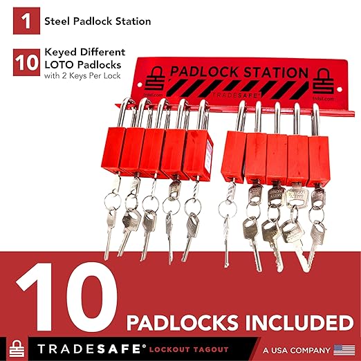 TRADESAFE Lockout Tagout Locks Station - Loto Locks Rack with 10 Padlocks Keyed Different - 2 Keys per Safety Lockout Lock