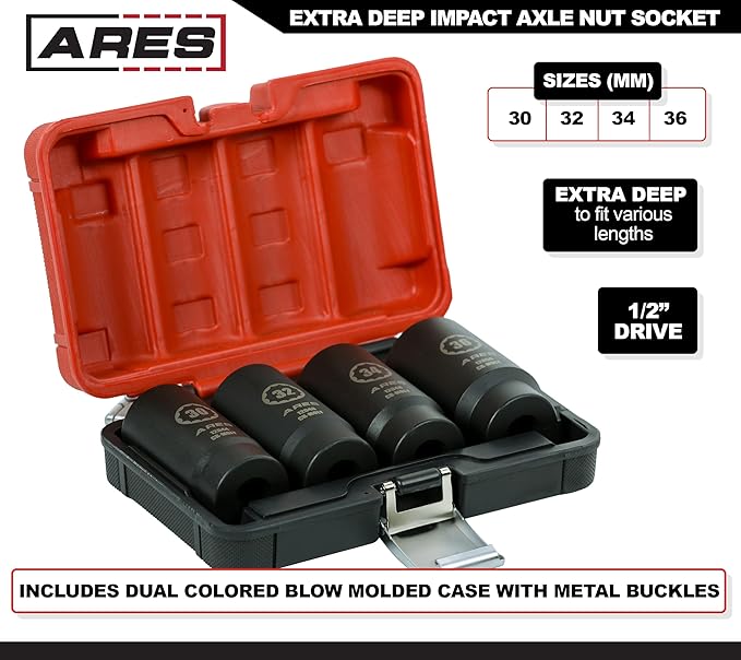 ARES 12062-4-Piece Axle Nut Socket Set - 30mm, 32mm, 34mm, and 36mm Axle Nut Sockets - 12 Point Sockets - Extra Deep 1/2-Inch Drive Impact Socket for Easy Removal of Axle Shaft Nuts