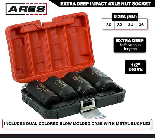 ARES 12062-4-Piece Axle Nut Socket Set - 30mm, 32mm, 34mm, and 36mm Axle Nut Sockets - 12 Point Sockets - Extra Deep 1/2-Inch Drive Impact Socket for Easy Removal of Axle Shaft Nuts
