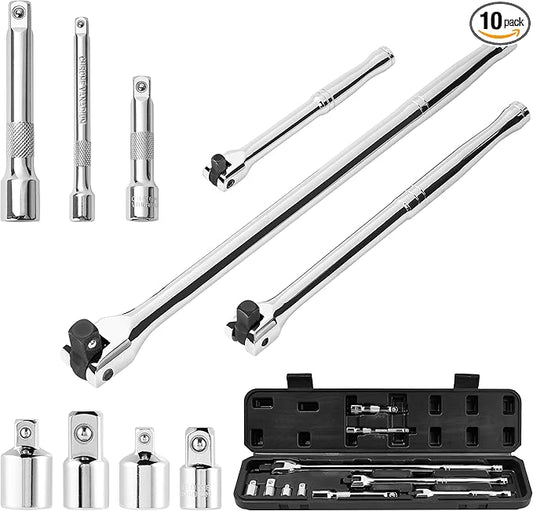 10 Piece Breaker Bar Set, 3/8" , 1/2" and 1/4" Drive, 180째 Rotatable Head, 6'', 10'', 15'' Length, 3 Extension Bars, Organizer Case