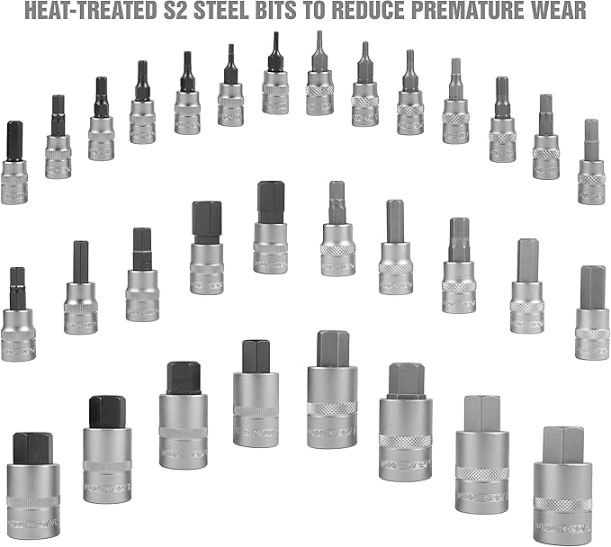 OEMTOOLS 22989 32 Piece Hex Bit Socket Set, SAE and Metric Bit Sockets, 1/2", 1/4", and 3/8" Drive Hex Bit Socket Set Metric and SAE Included