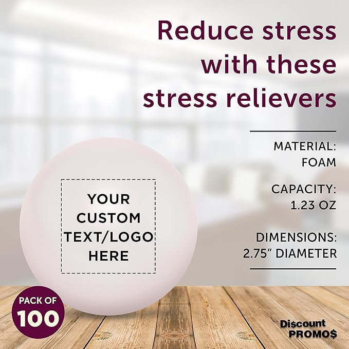 Custom Stress Balls for Adults, 100 Pack, Personalized Text, Logo, Hand Exercise, Perfect for Your Desk, Office, or Home, White