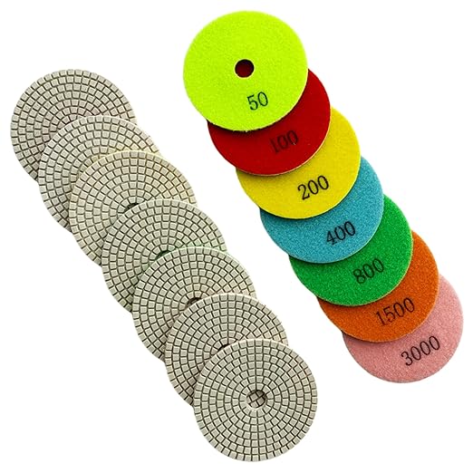 7" Wet Diamond Polishing Pads Set (50, 100, 200, 400, 800, 1500, 3000 Grit) - White Resin for Granite, Marble, Quartz, Engineered Stone