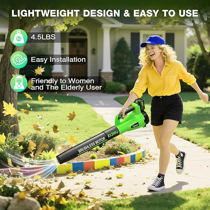 Leaf Blower Cordless with 2횞5.0Ah Battery and Fast Charger,1200W Handheld Blower for Lawn Care,6 Speed Powerful Electric Leaf Blower for Snow Removal,Patio,Dust,Car Blowing Water