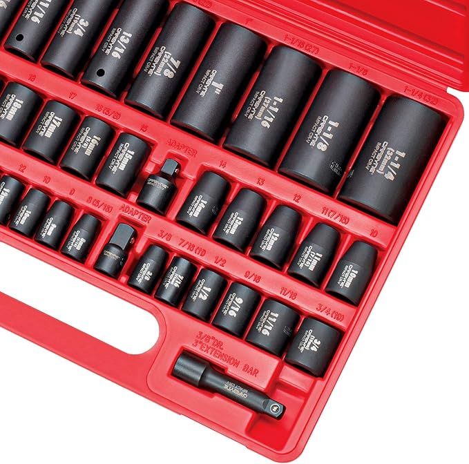 CARBYNE 40-Piece Impact Socket Set | SAE & Metric - Standard and Deep Sockets. 6-Point Design. Metric 8mm-32mm, SAE 3/8" to 1-1/4". Cr-V Steel, Corrosion Resistance, Durable Case | 3/8'' & 1/2'' Dr
