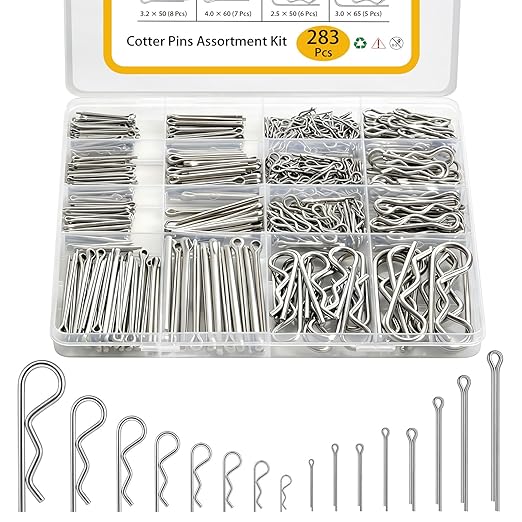 Cotter Pin Assortment Kit 283 Pcs, 304 Stainless Steel 16 Sizes Cotter Pins Hairpin R Clips for Hitch Pin, Hardware Pins for Automotive Trailer Lawnmower Repairs