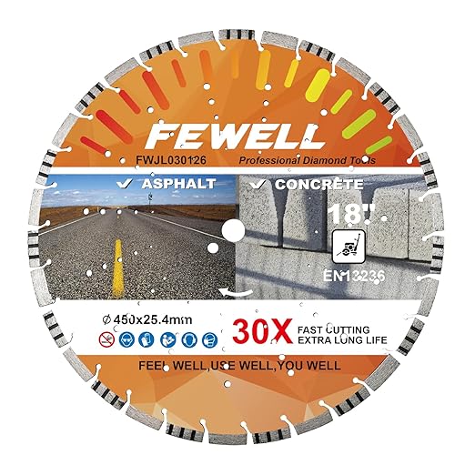FEWELL 18" Concrete Diamond Saw Blade,Asphalt Diamond Blade Multi-Purpose for Cutting Hard Reinforced Concrete Asphalt Masonry Stone Terrazzo, Laser-Welded Segmented, 1"-20mm Bore